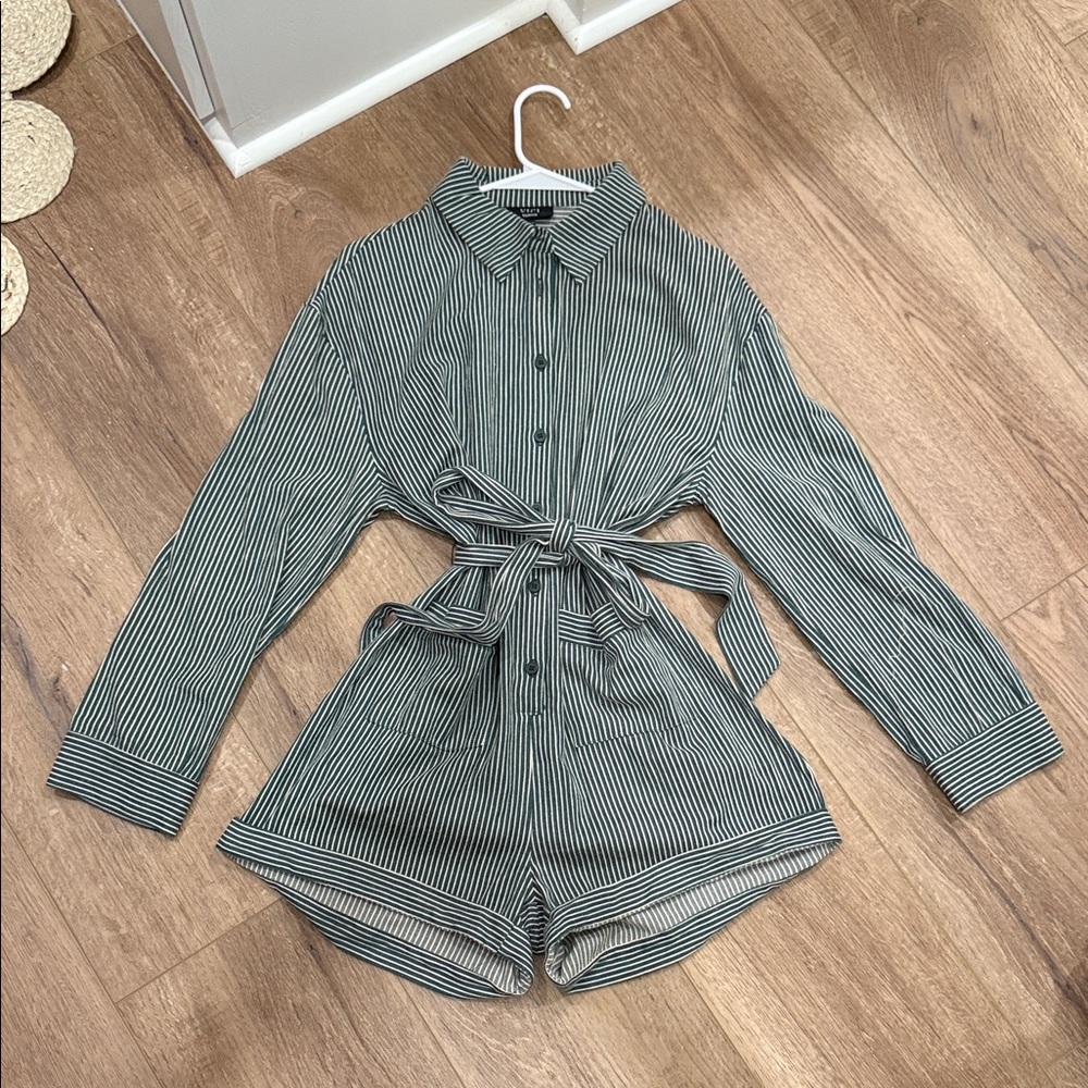 Vici Pinstripe Button-Up Jumpsuit